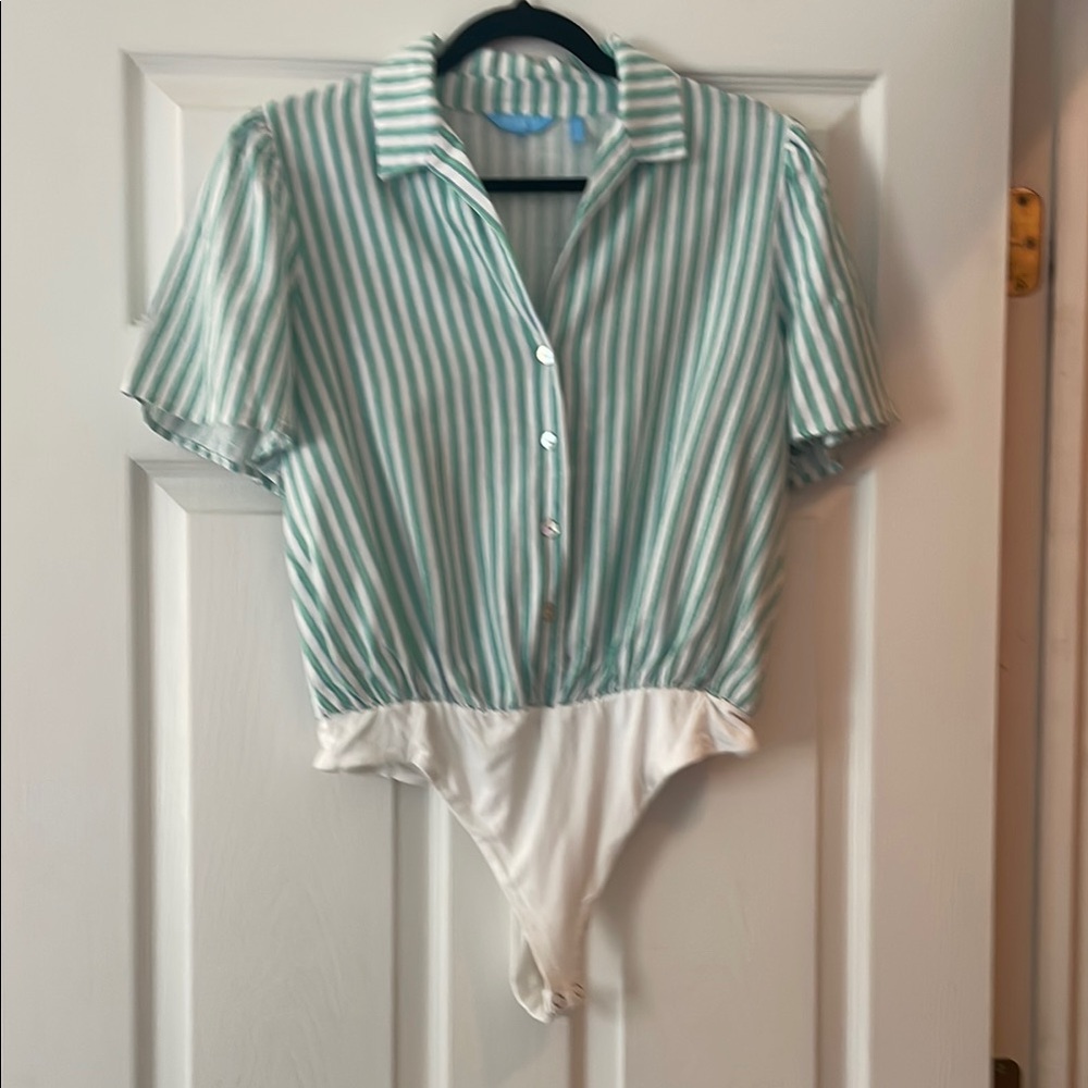 Draper James Green and White Striped Linen Blouse / Bodysuit